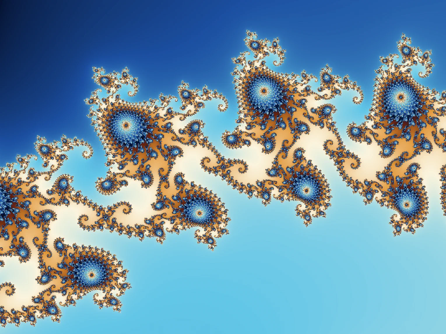 A magnified view of the edge of the Mandelbrot set, showing blue and amber spirals and curls against a pale blue ground
